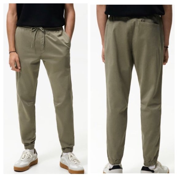 ZARA Jogger Khaki Green Mens Large Elastic Waist Drawstring Cotton Blend - Picture 2 of 16